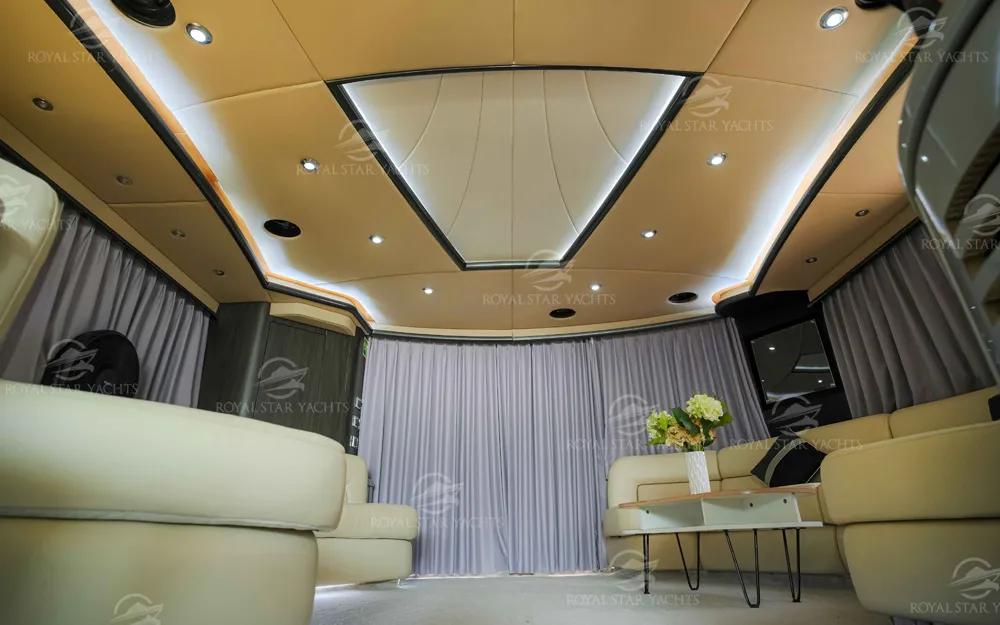 Luxury interior lounge with LED ceiling lights on 90 FT Sunseeker yacht