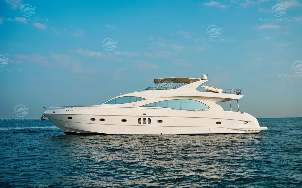 Side view of 88 FT Majesty yacht on the sea.