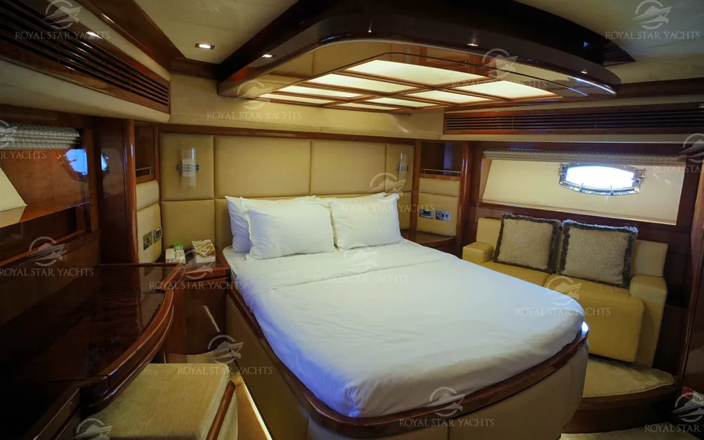 Luxury bedroom inside 88 FT Majesty yacht.