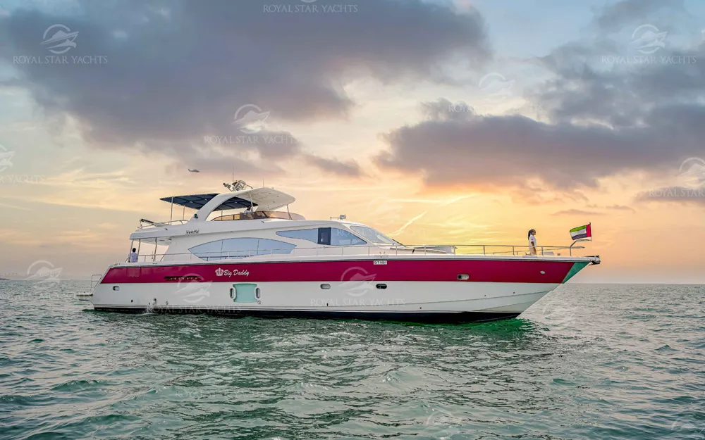 90 FT Big Daddy yacht cruising in Dubai at sunset