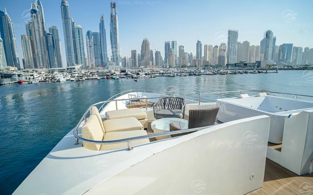 Yacht sun deck with Dubai Marina skyline view