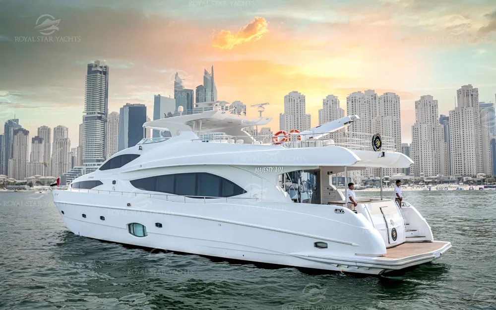 101 FT Majesty yacht docked near Dubai Marina skyline