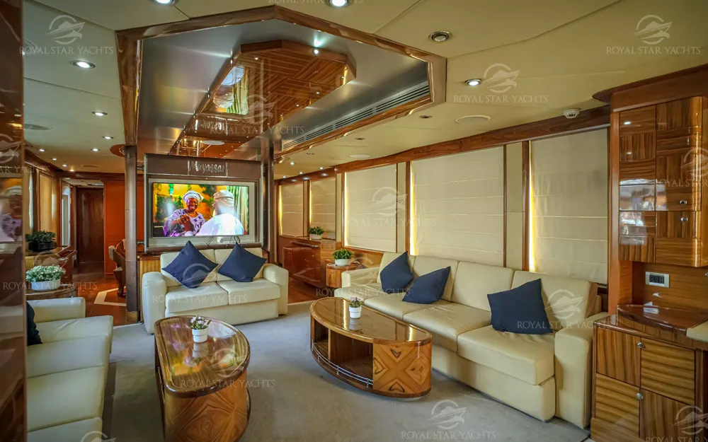 Spacious living room with sofas and TV inside 101 FT Majesty yacht