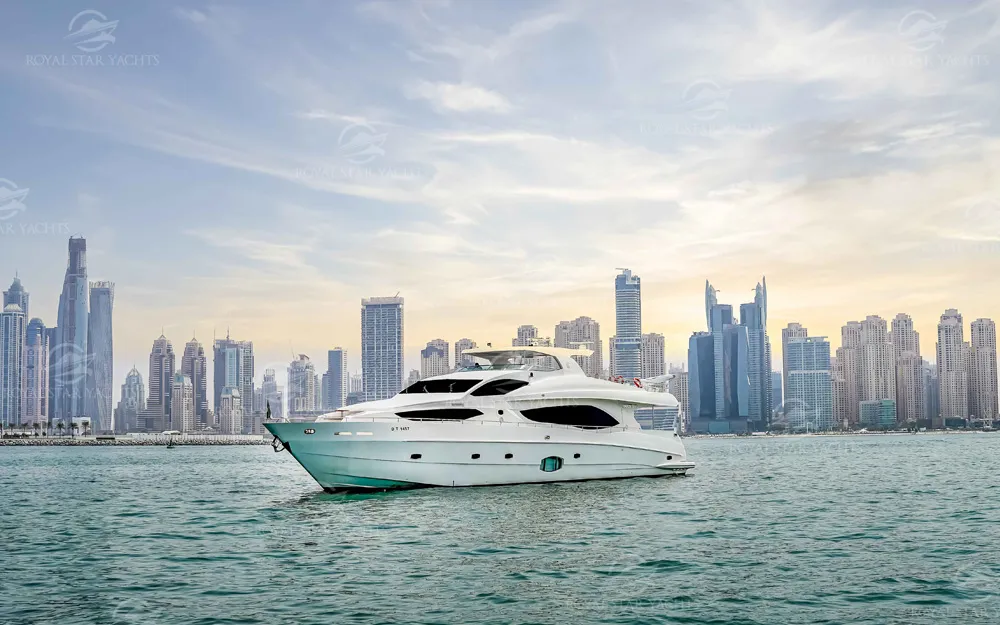 101 Ft Majesty yacht cruising with Dubai skyline view