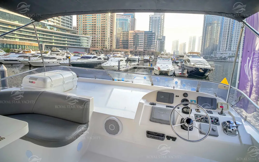 Upper deck helm and controls on 59 FT Majesty yacht