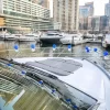 Front view of 59 FT Majesty yacht decorated with blue balloons in Dubai Marina