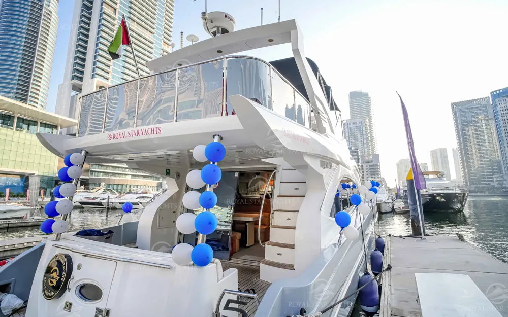 59 FT Majesty yacht rear view docked at Dubai Marina with balloons
