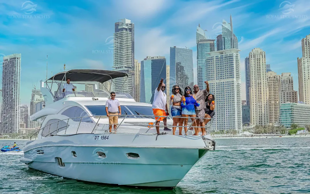 Group enjoying on the front deck of 59 FT Majesty