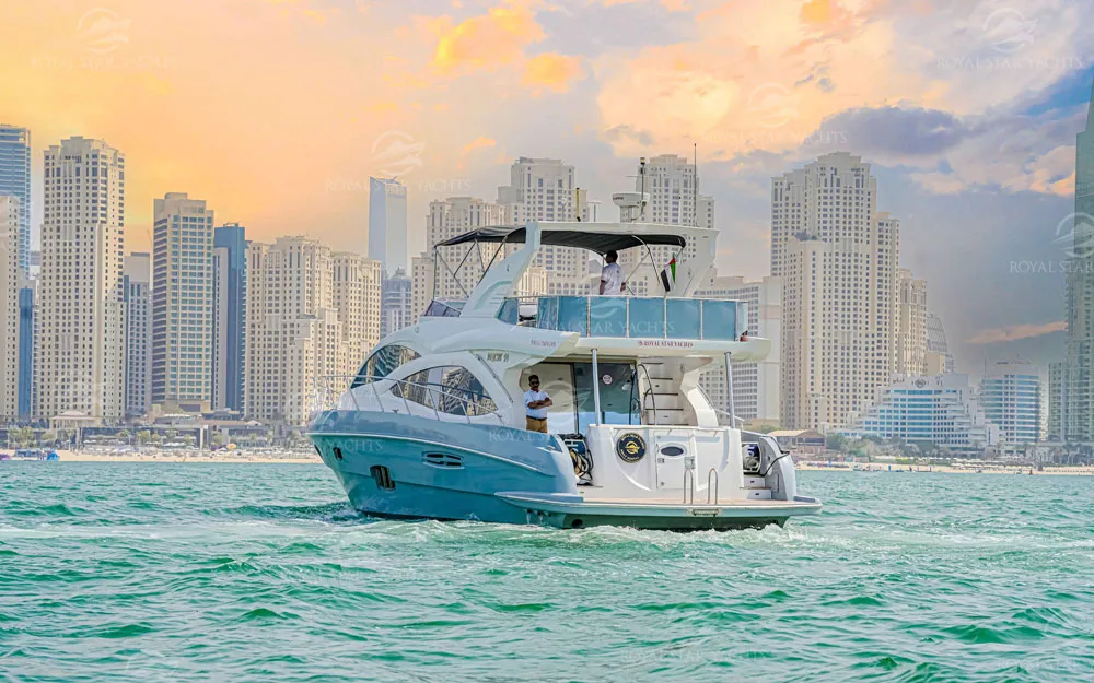 59 FT Majesty yacht sailing with Dubai skyscrapers in background