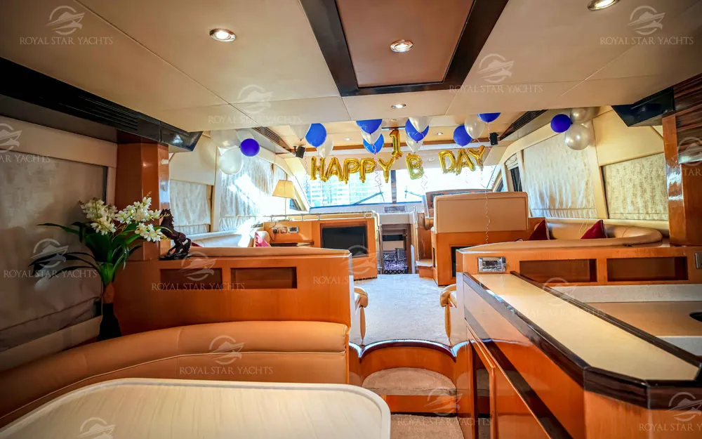 Luxury yacht interior with Happy Birthday decoration inside 59 FT Majesty