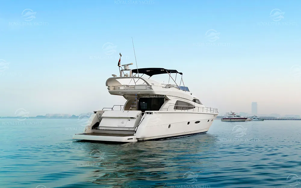 Rear view of 68 FT Luna yacht on water.