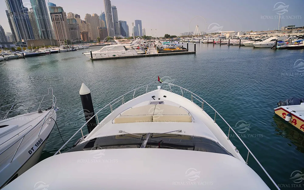 Front bow of 68 FT Luna yacht at marina.