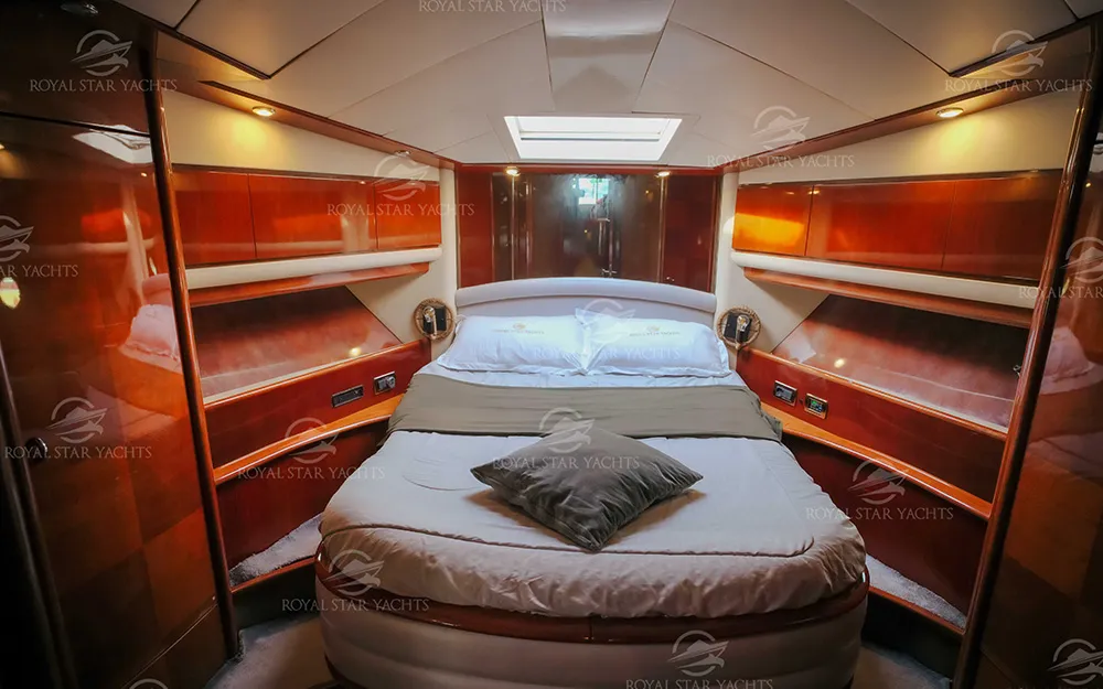 Luxury bedroom & interior inside 68 FT Luna yacht.