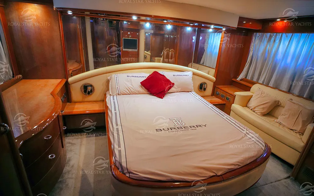 Luxury bedroom inside 68 FT Luna yacht.