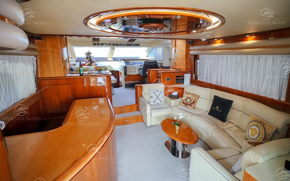 Spacious lounge with sofas inside 68 FT Luna yacht.