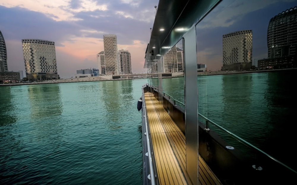 Side deck view from Playboy yacht in Dubai Marina