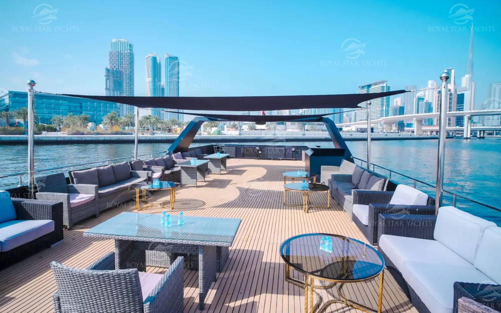Playboy yacht rooftop deck with luxury seating